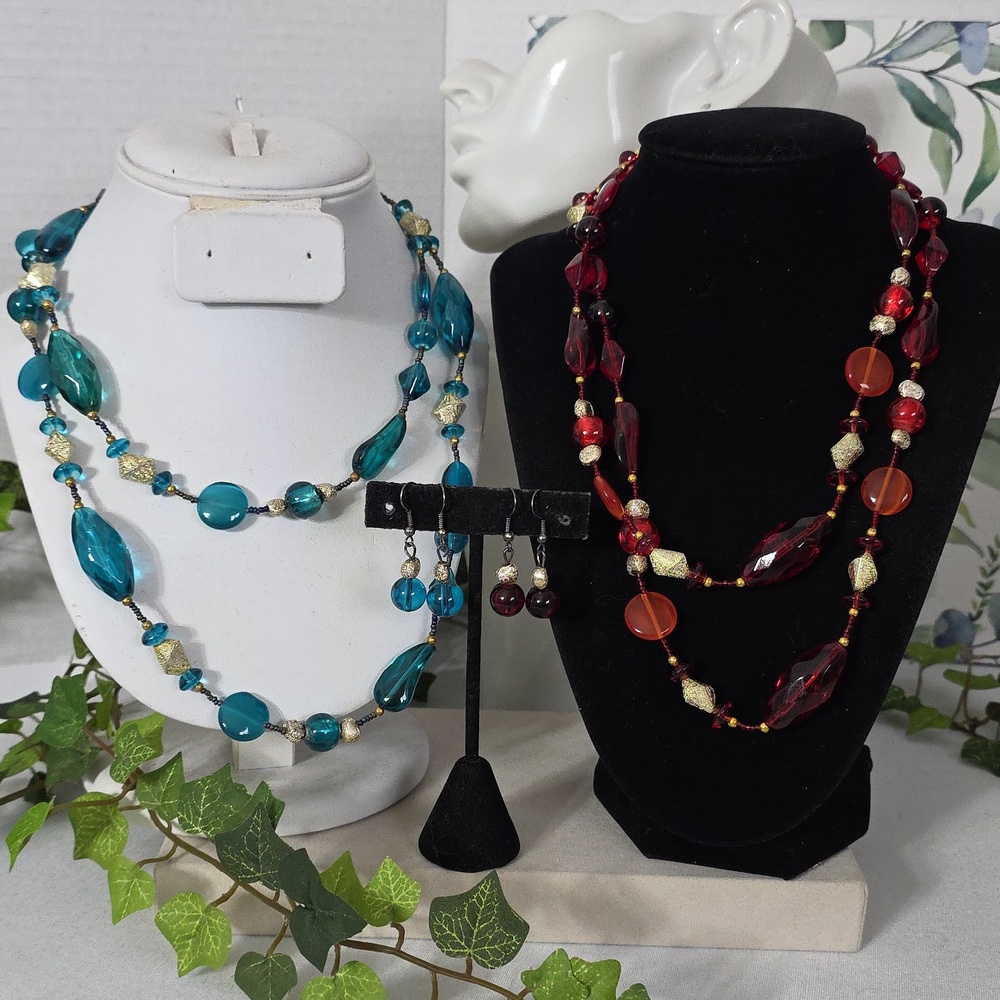 Long Glass Bead Necklace And Earring Set Turquoise Blue Or Red